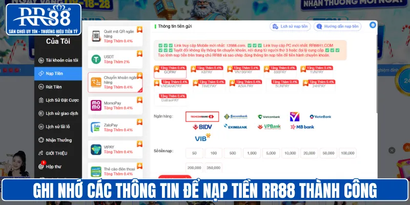 Ghi nhớ các thông tin để nạp tiền RR88 thành công